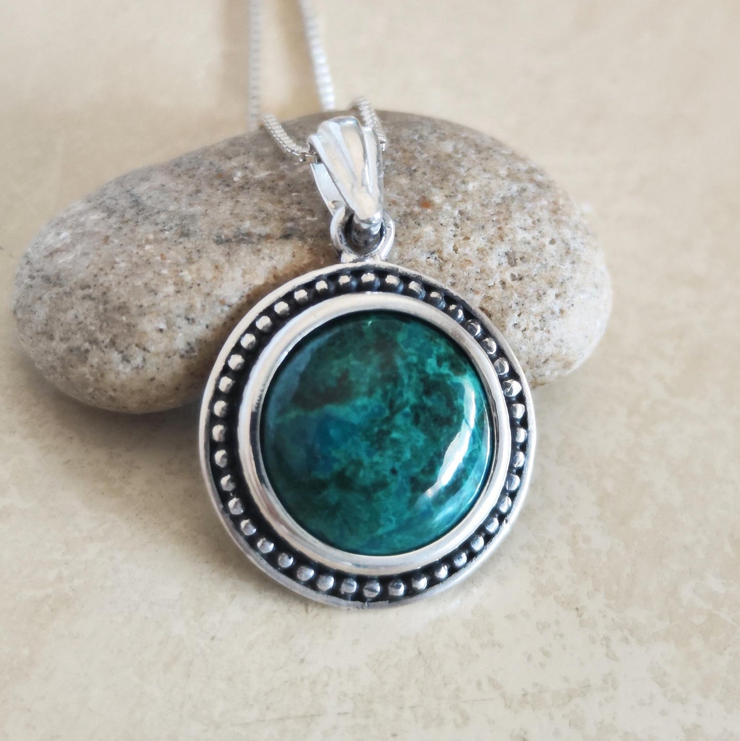 Multicolor Eilat Stone Silver Pendant, Turquoise Green gemstone jewelry, Round cabochon Blue necklace, Israeli jewelry, King Solomon Stone