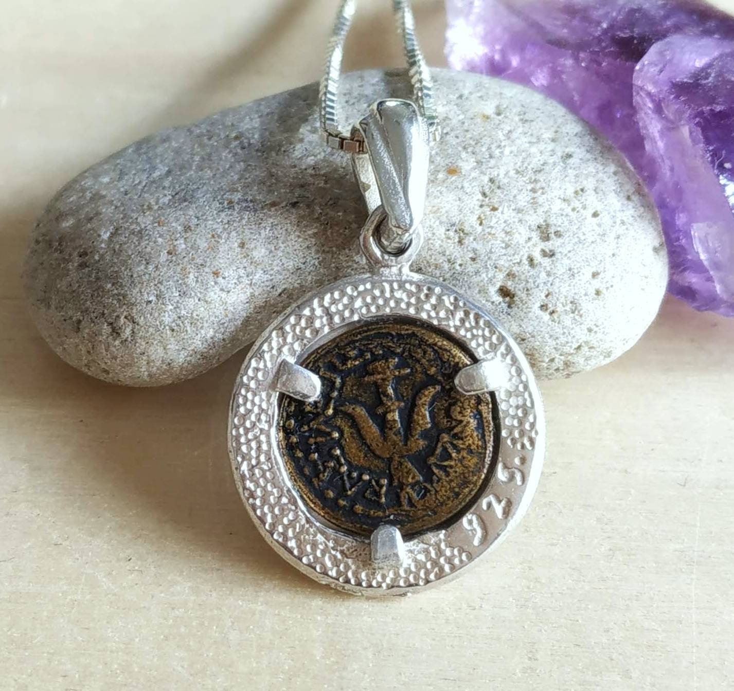 Widow's Mite Copy Coin Silver Necklace, Ancient Replica Coin Pendant, Christian gift for girls boys unisex,  Jesus Biblical Coin Jewelry