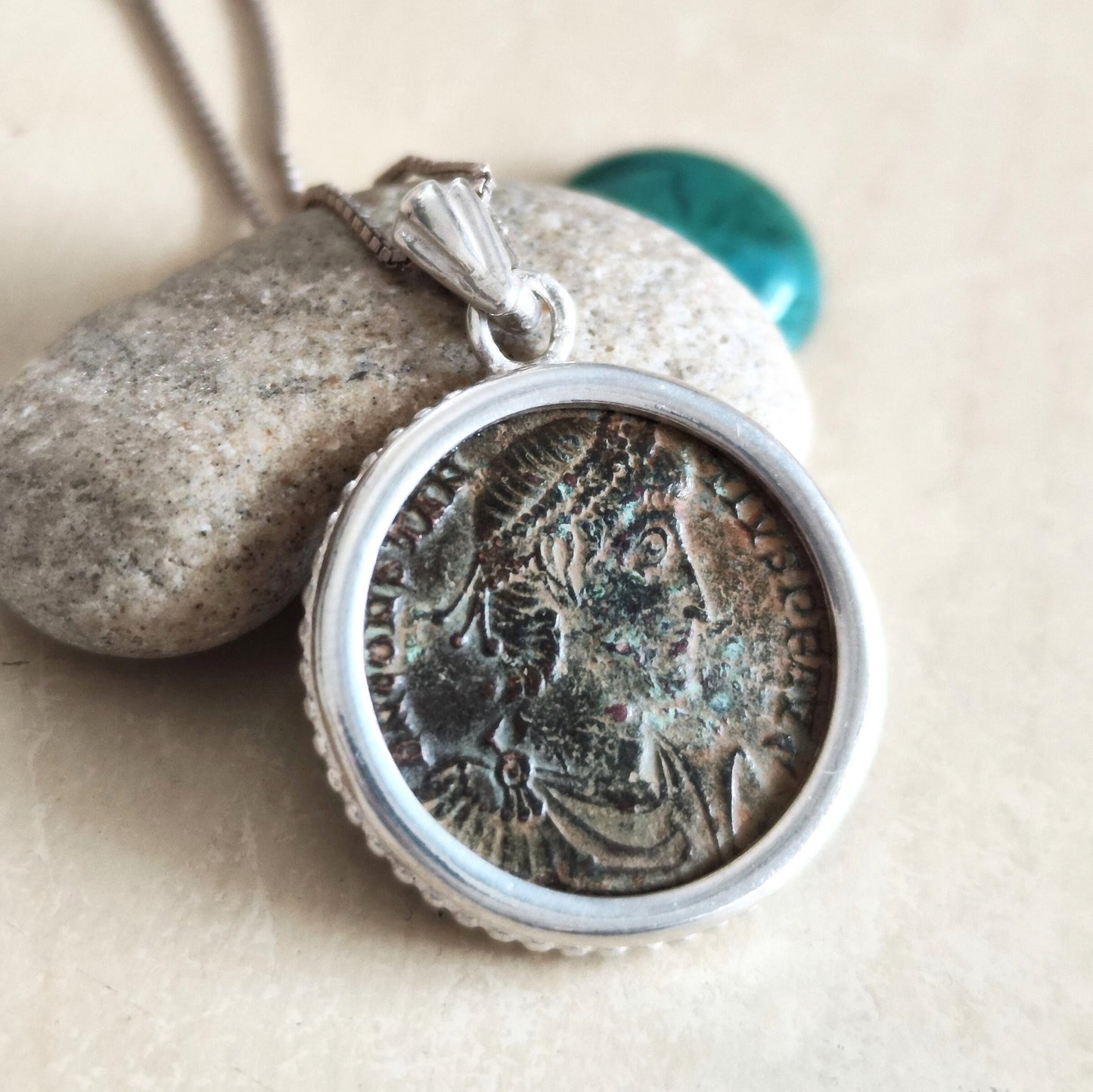 Ancient Roman coin Silver necklace, Certified bronze coin of Emperor Constantius pendant, women unisex medallion, Antique vintage jewelry