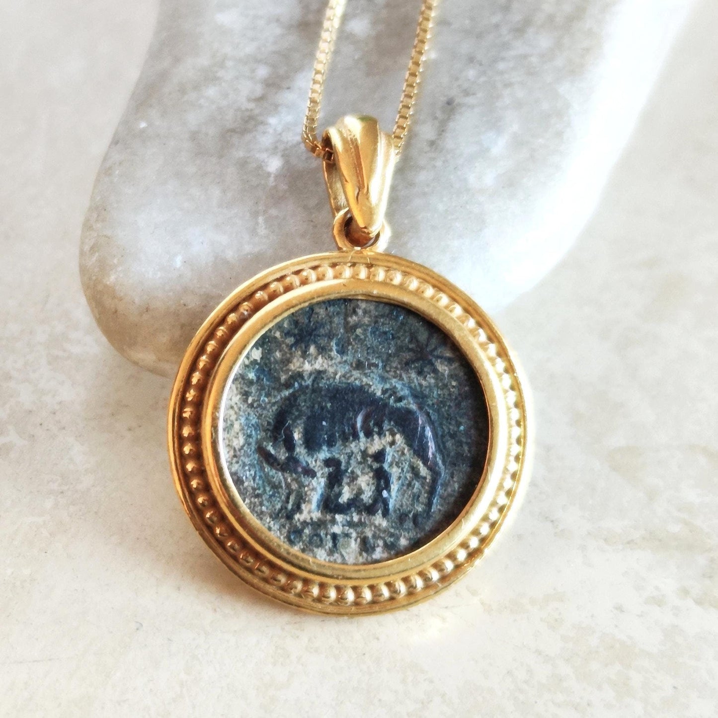Romulus and Remus Coin Necklace: Ancient Roman Wolf Medallion, 18K Gold Plated Barr Designs