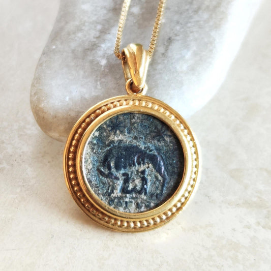 Romulus and Remus Coin Necklace: Ancient Roman Wolf Medallion, 18K Gold Plated Barr Designs