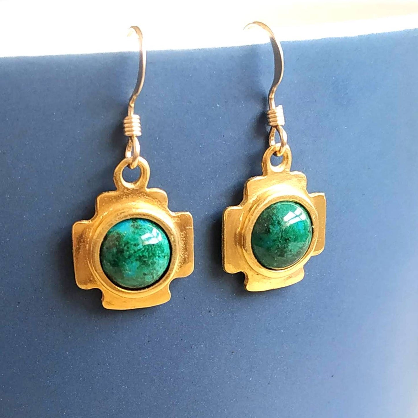 Jerusalem Cross Eilat Stone Dangle Earrings, Christian Gold Plated Gemstone Earrings, Green Malachite Chrysocolla Cabochon, Israeli Jewelry
