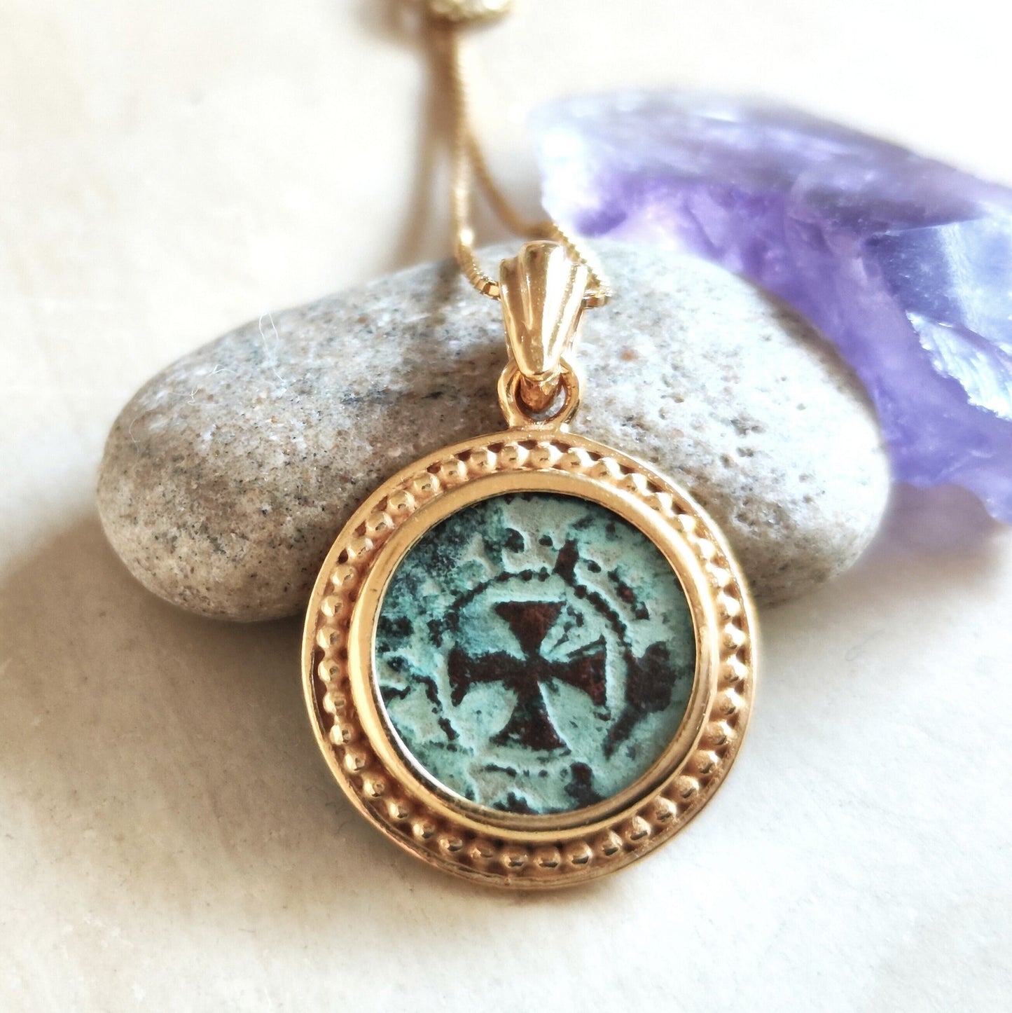 Antique Latin Cross Coin Pendant, Christian Armenia Necklace, Crusaders Knight Templar Bronze Coin Jewelry, Lion Coin Gold Plated Pendant