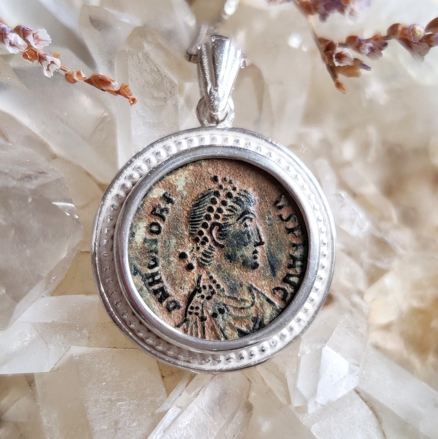 Certified Antique Roman Coin of Emperor Honorius set in Silver Pendant, Constantine Coin Medallion, Christian Vintage gift