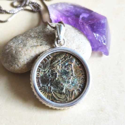 Ancient Roman coin Silver necklace, Certified bronze coin of Emperor Constantius pendant, women unisex medallion, Antique vintage jewelry