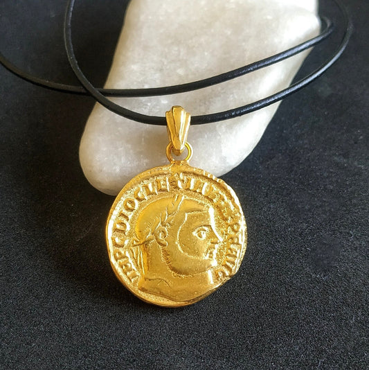 Roman Emperor Diocletian Coin Medallion for Men, Gold Plated Replica Copy Coin Reversible Necklace, Gold Layer Necklace, Vintage jewelry
