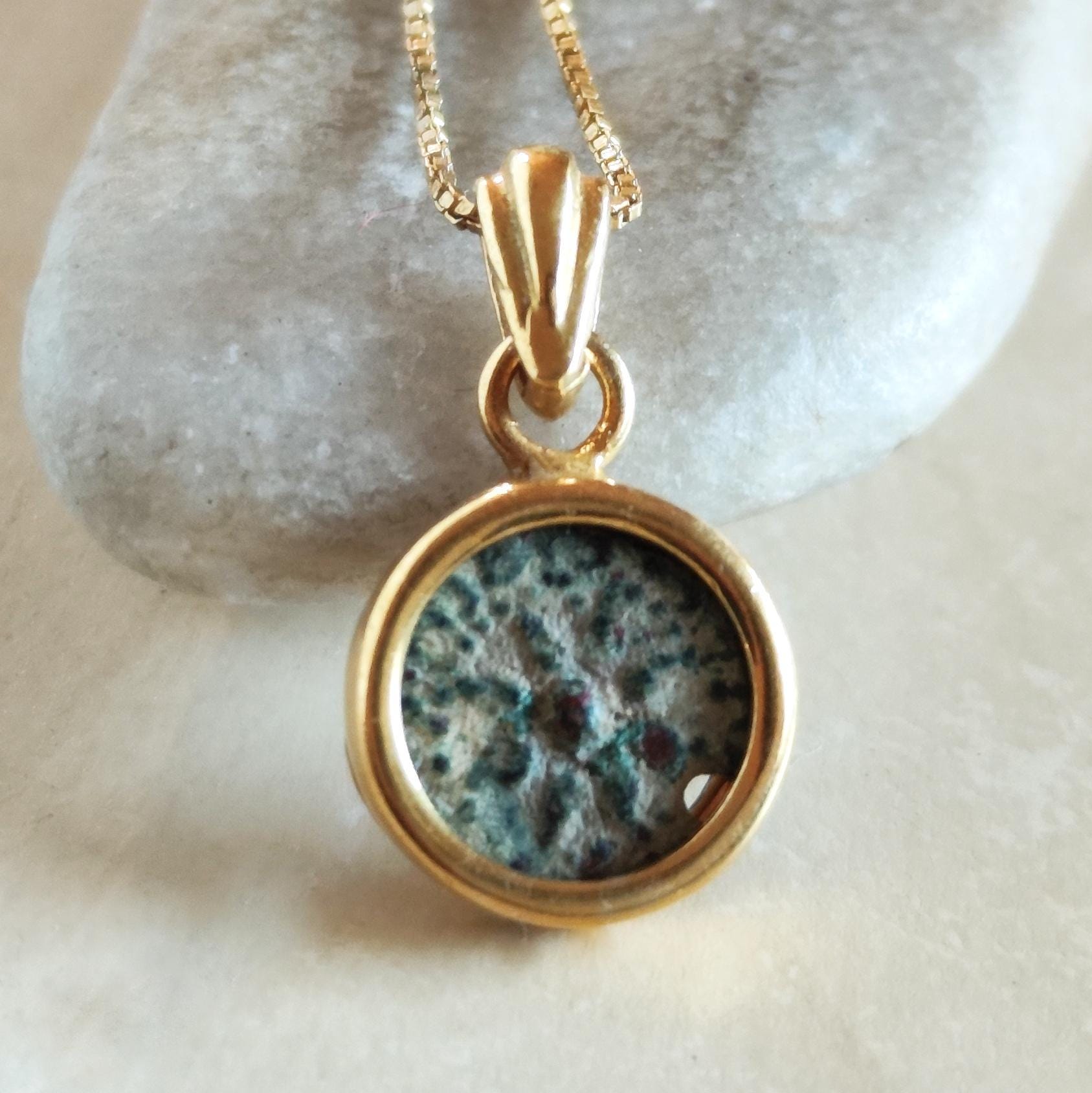 Christian Widow's Mite Coin Dainty Pendant, Antique Bible Coin Small Necklace, Gold Plated Charm Barr Designs