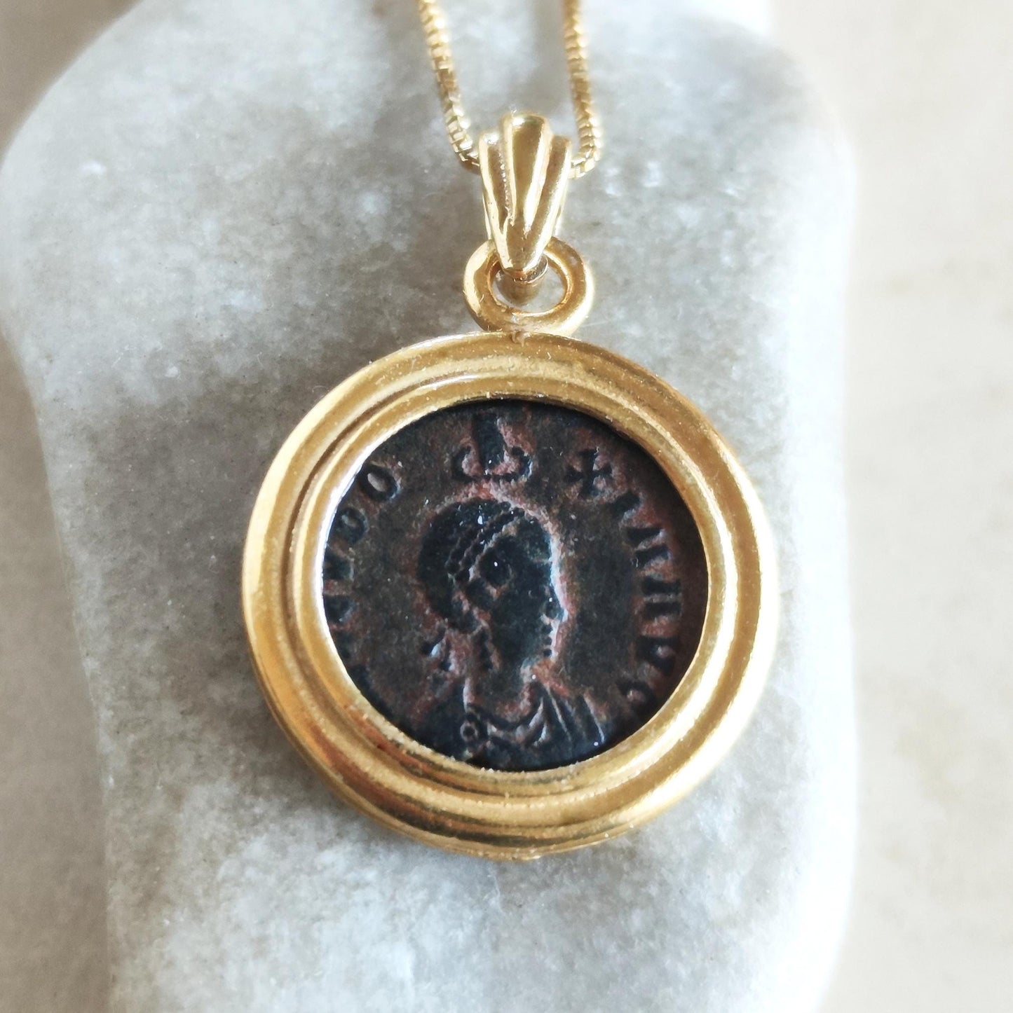 Ancient Roman Coin Necklace: Empress Aelia Eudoxia Christian Orthodox Medallion, Gold Plated Barr Designs
