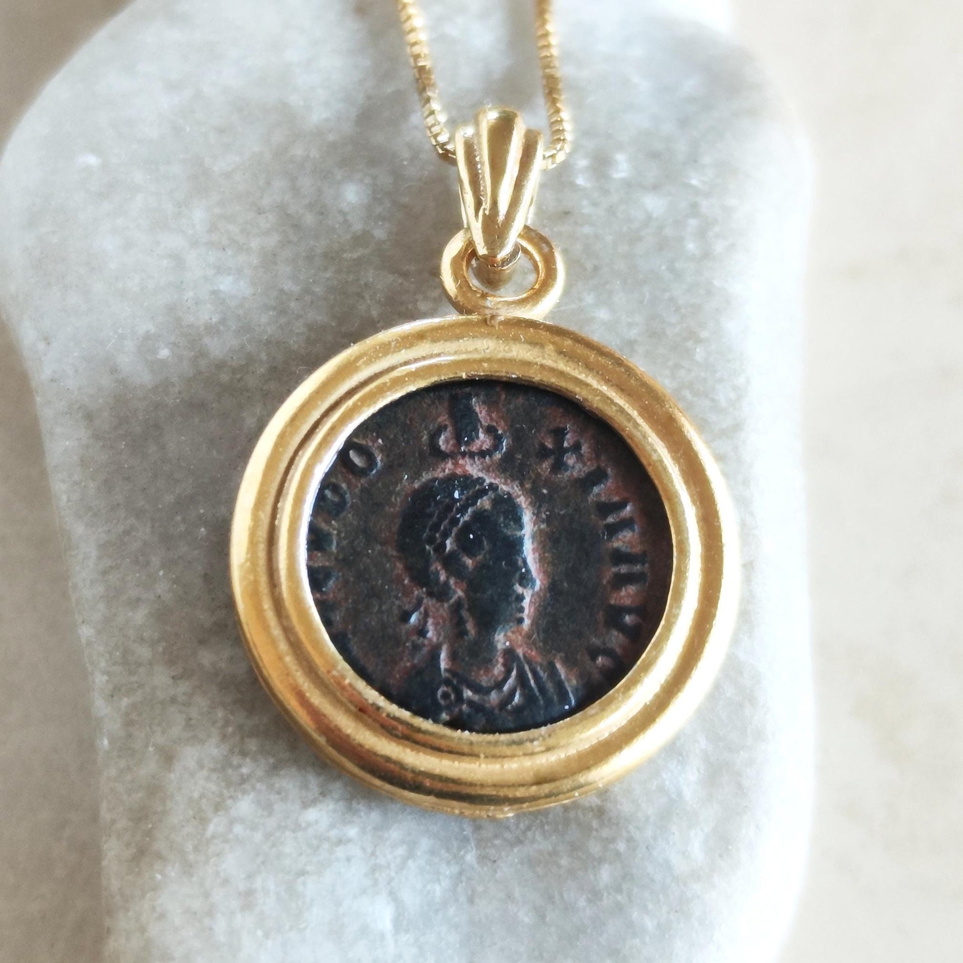 Ancient Roman Coin Necklace: Empress Aelia Eudoxia Christian Orthodox Medallion, Gold Plated Barr Designs