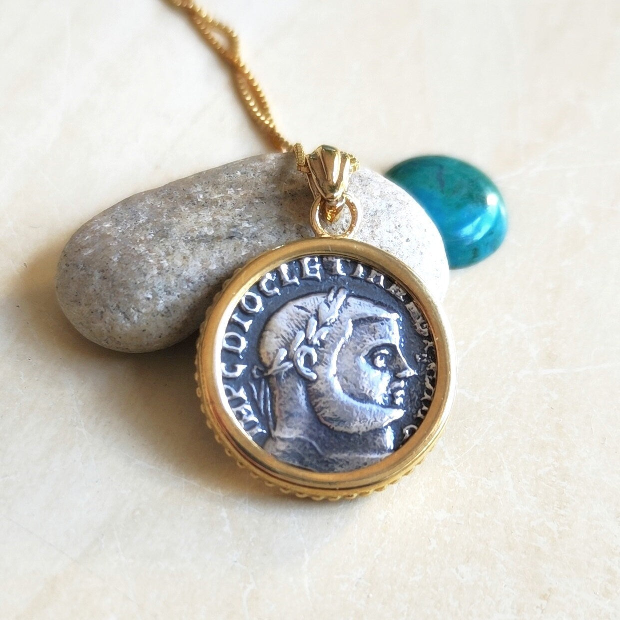 Roman Emperor Diocletian Coin Necklace: Replica Coin Pendant in Silver and Gold Barr Designs