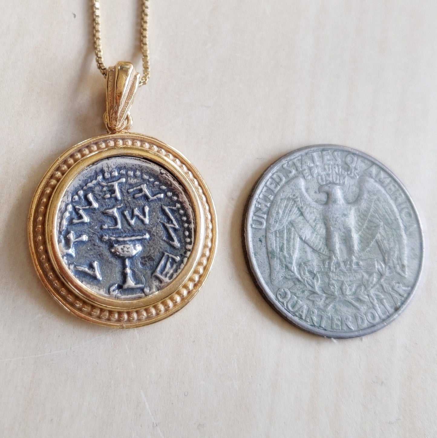 Ancient Silver Jewish Half shekel Coin Replica Necklace, Jewish Revolt Temple Tax Coin Pendant, gold plated Judaica, Christian men necklace