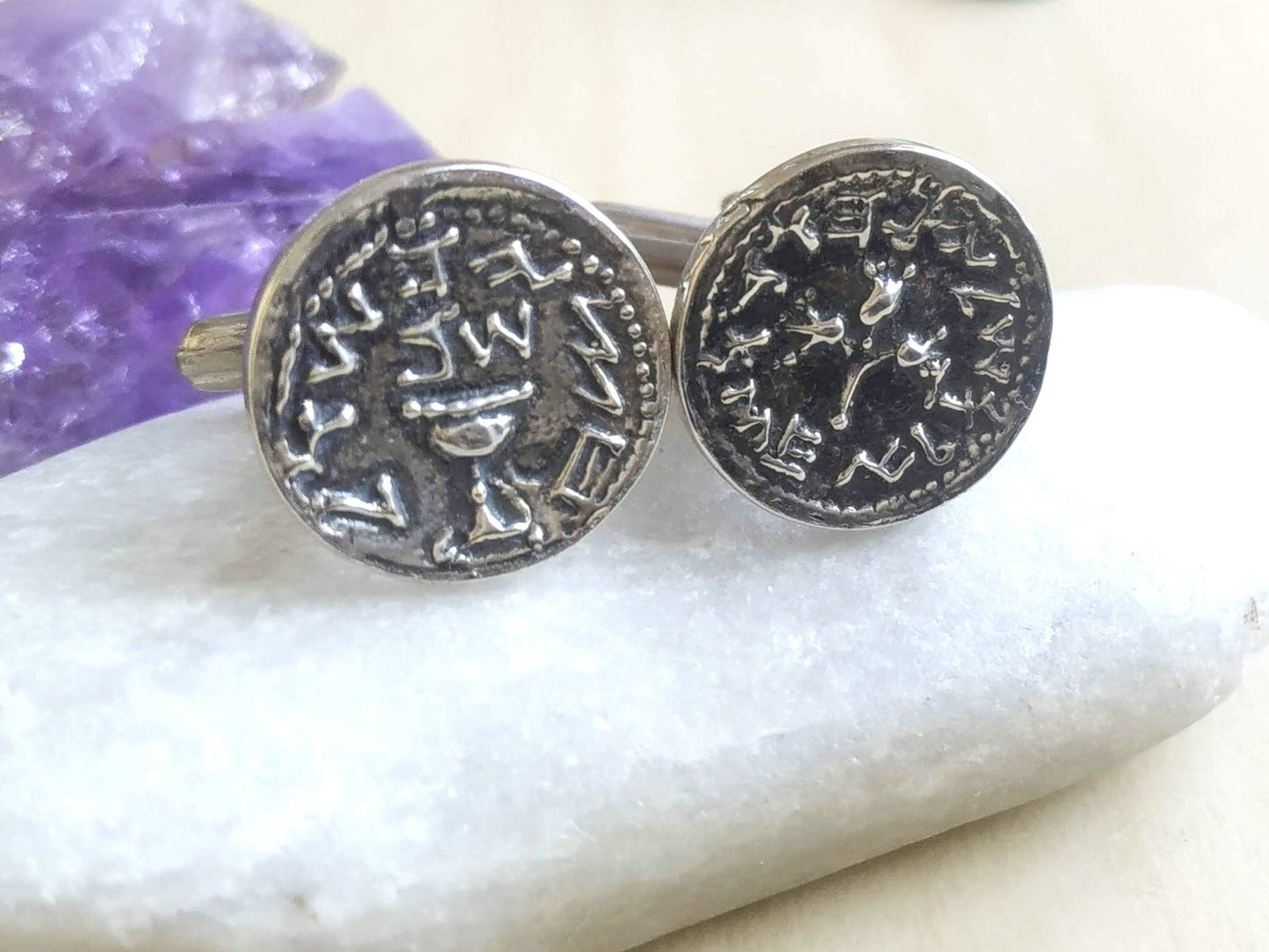 Ancient coin cufflinks, silver half shekel temple tribute coin, Jewish revolt Judea coin replica cufflinks, men's gift idea, Israeli jewelry