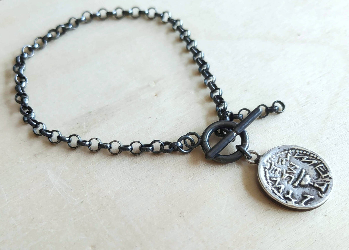 Jewish Revolt Half Shekel Coin Bracelet, Silver Replica Tyrian Shekel Coin Charm Bracelet, Link Chain Unisex Men Jewelry