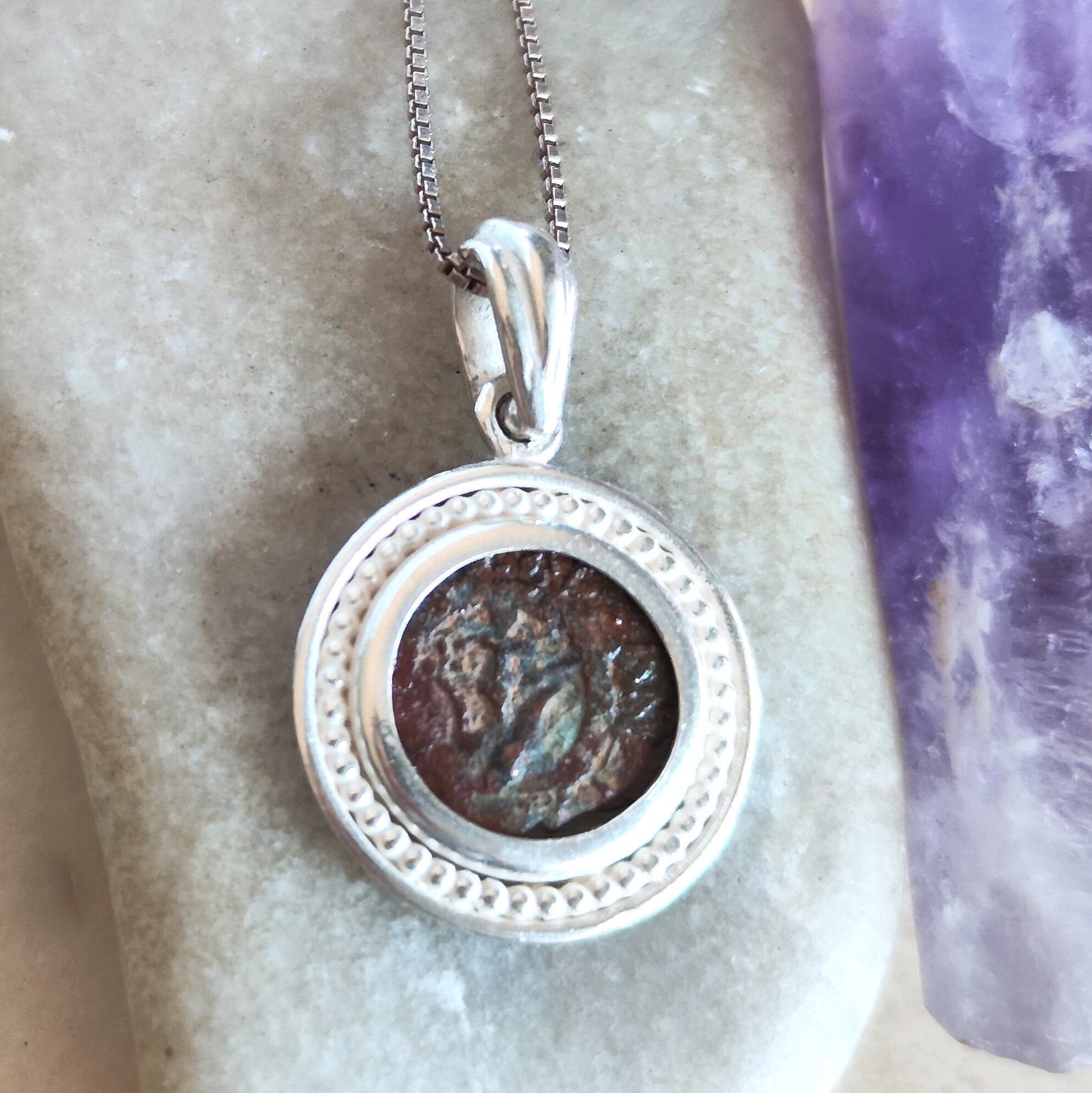 Real Antique widow's mite coin necklace, certified ancient coin silver medallion, Bible verse pendant, Judea Prutah, Christian Men gift