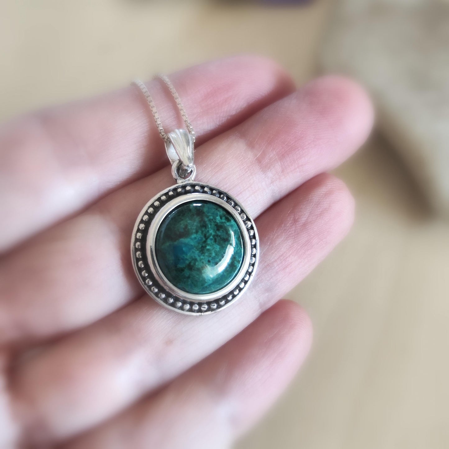 Multicolor Eilat Stone Silver Pendant, Turquoise Green gemstone jewelry, Round cabochon Blue necklace, Israeli jewelry, King Solomon Stone