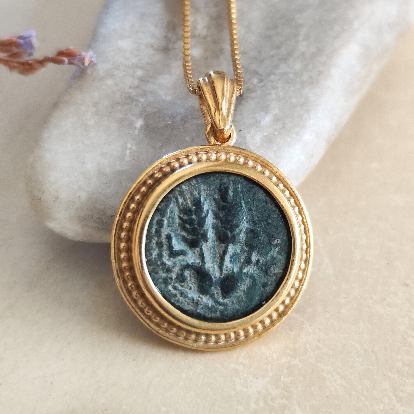 Ancient Jewish King Herod Agrippa bronze coin necklace, Herodian Roman coin gold plated Pedant, vintage coin medallion, Jewish Judea pendant