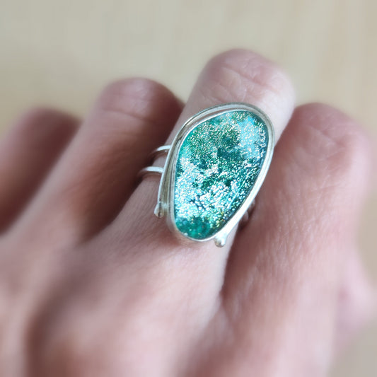 Ancient Glass Oval Ring, Natural Antique Roman Glass Adjustable Silver Ring, Green Blue Patina Glass ring, Statement Solitaire Ring