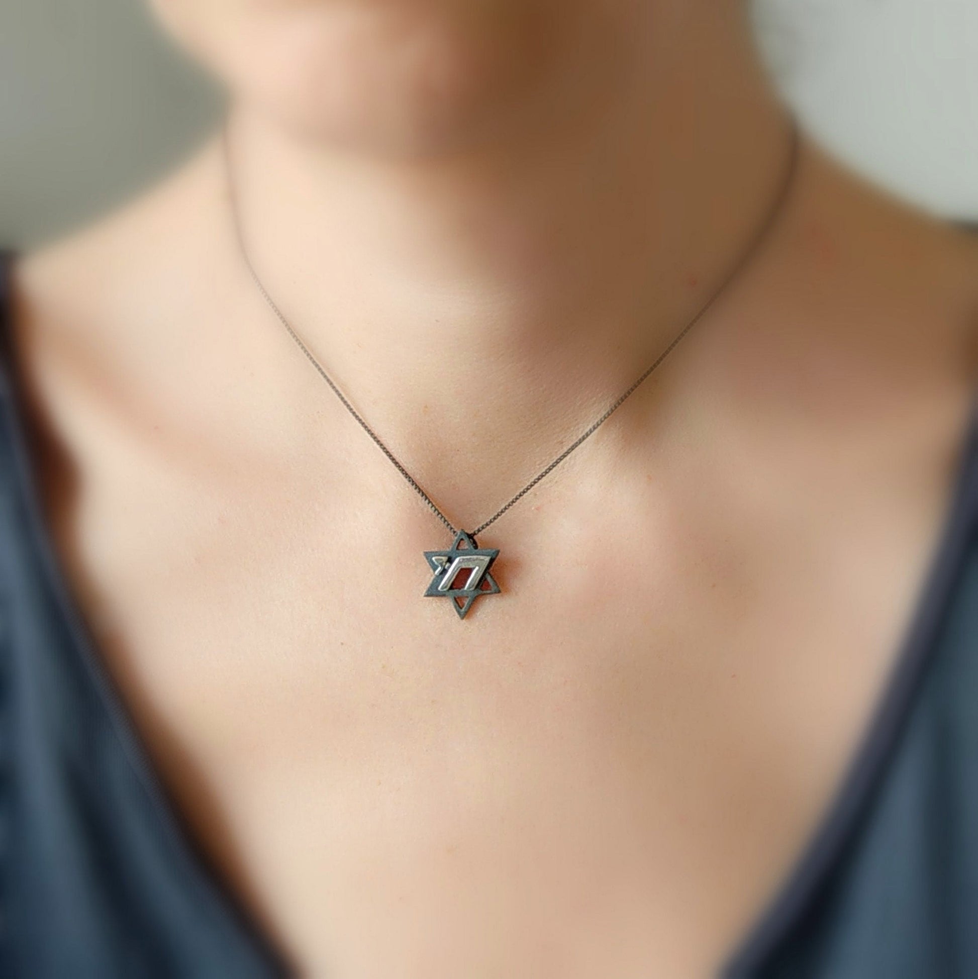 Two-Tone Star of David Chai Necklace: Sterling Silver Jewish Pendant Barr Designs