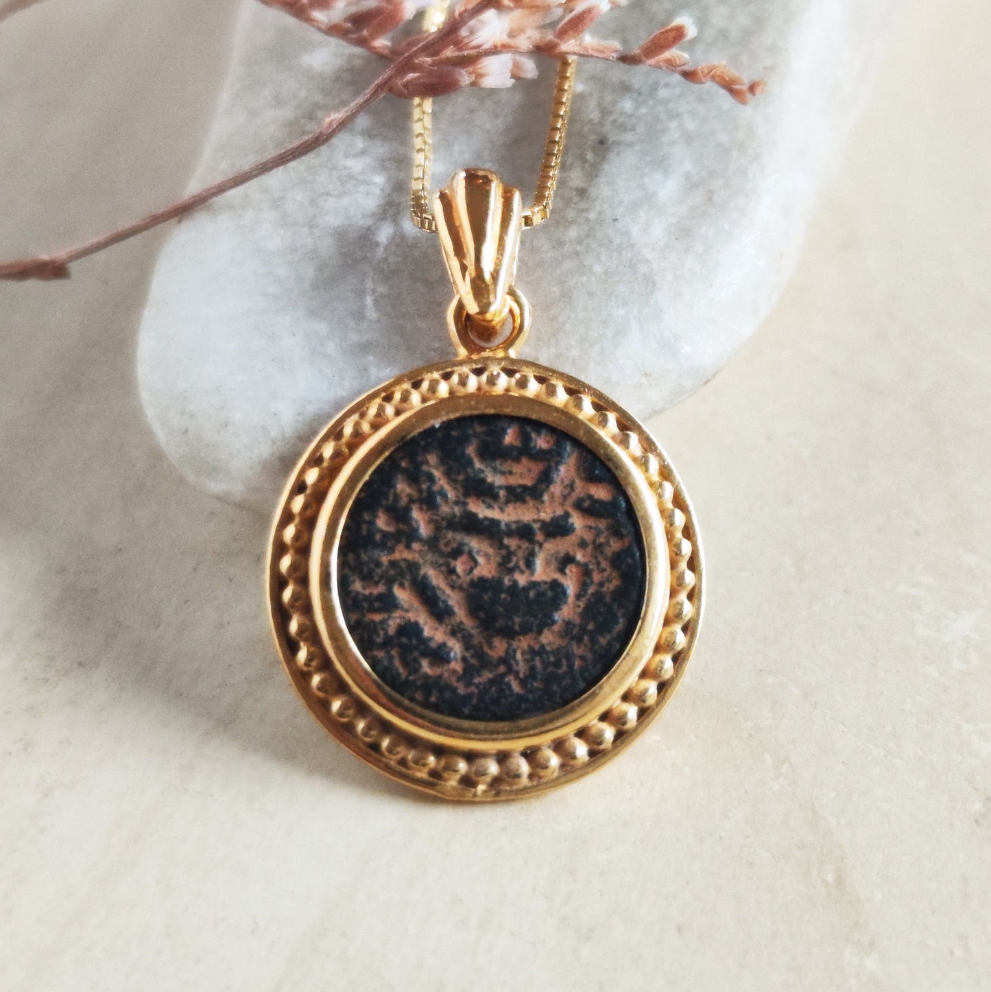 Ancient Masada Coin necklace, First Jewish Revolt Real Bronze Prutah Pendant, Jerusalem Second Temple coin, Roman Amphora Grape Leaf