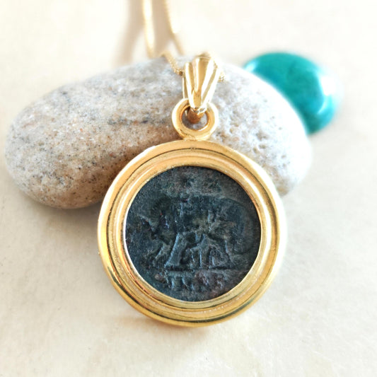 Antique Roman Coin Medallion Necklace: Romulus & Remus with She Wolf, Gold Plated Bezel Barr Designs