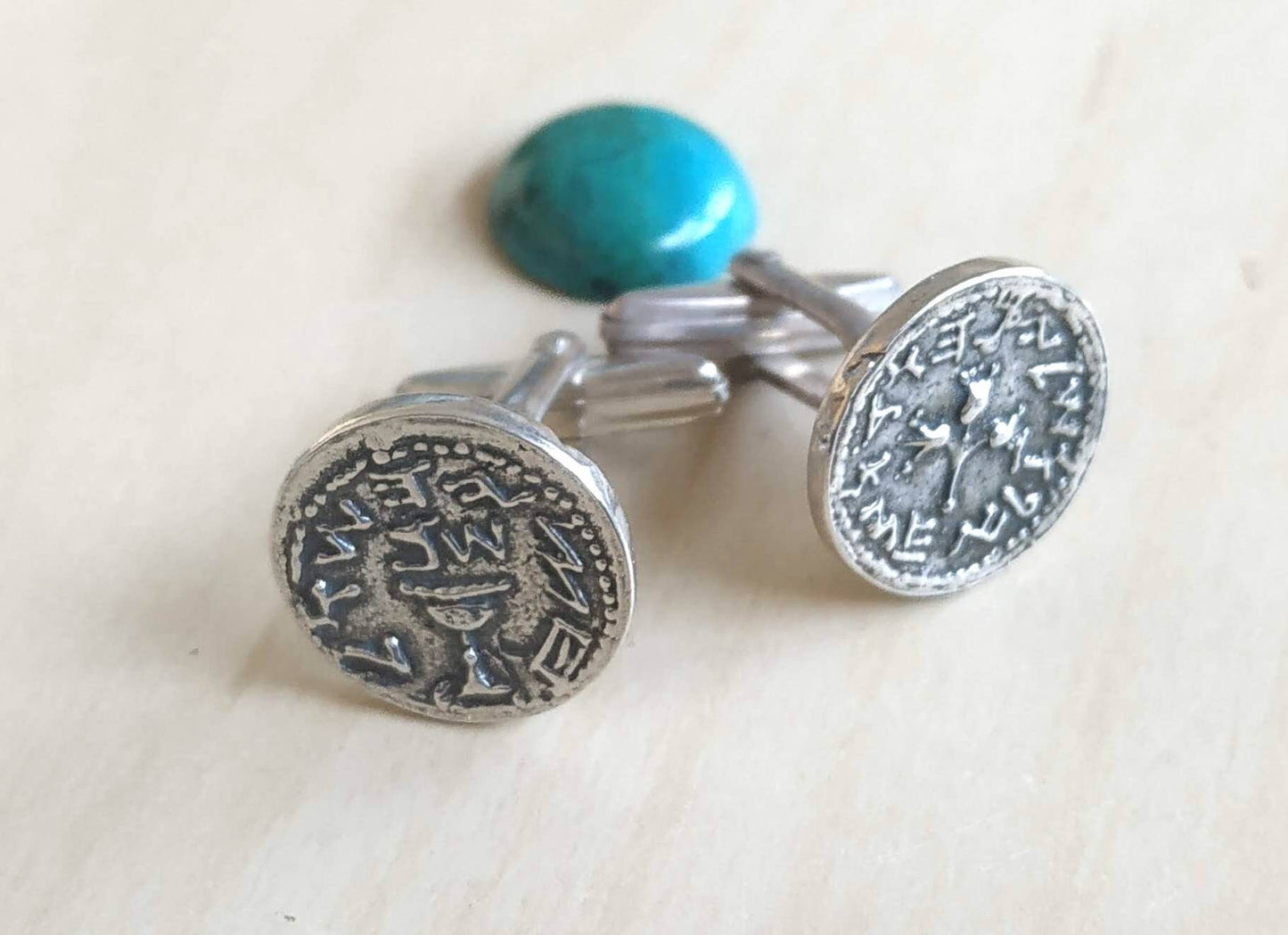 Ancient coin cufflinks, silver half shekel temple tribute coin, Jewish revolt Judea coin replica cufflinks, men's gift idea, Israeli jewelry