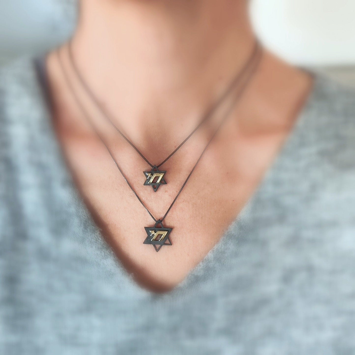 Star of David Chai Necklace, Two Tone Oxidized Silver Gold Jewish Pendant, Hebrew Gift Barr Designs
