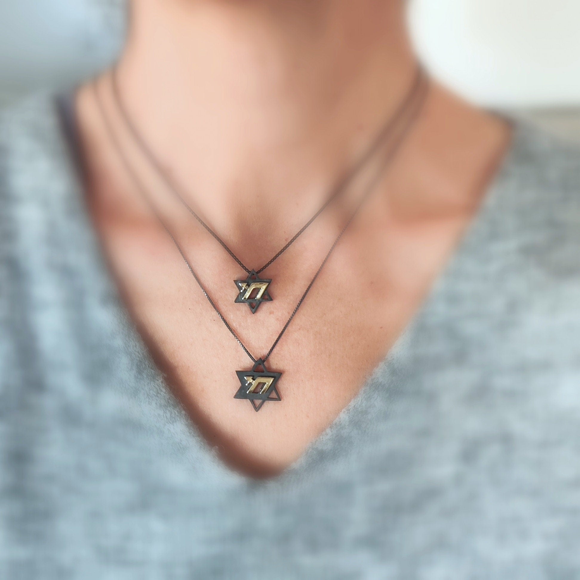 Star of David Chai Necklace, Two Tone Oxidized Silver Gold Jewish Pendant, Hebrew Gift Barr Designs