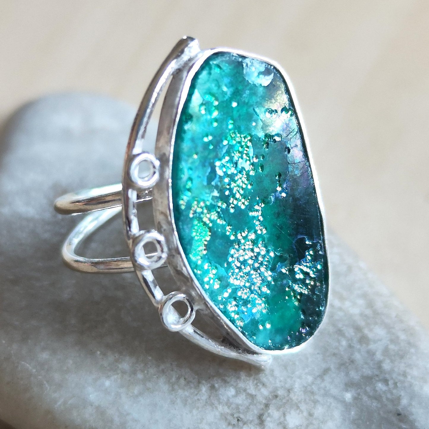 Antique Roman Glass Solitaire Ring, Natural Roman Glass adjustable silver ring, Aqua Green Blue patina Glass ring,  Large Statement ring