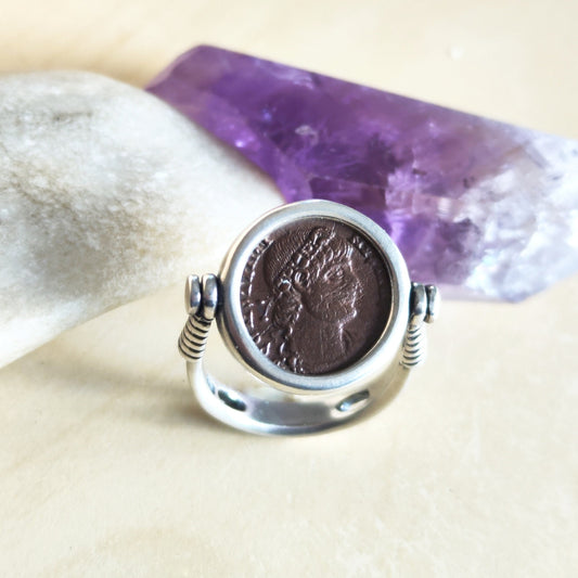 Ancient Roman Coin Silver flip ring, Antique Constantine Coin Reversible Pendant, Men Unisex Swivel Ring, Ring Size 8 US, Spinner Jewelry