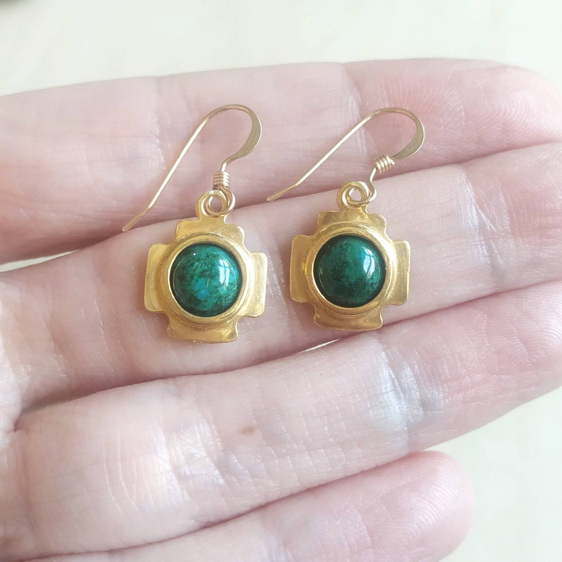 Jerusalem Cross Eilat Stone Earrings: Green Gemstone Religious Earrings, Gold Plated Barr Designs
