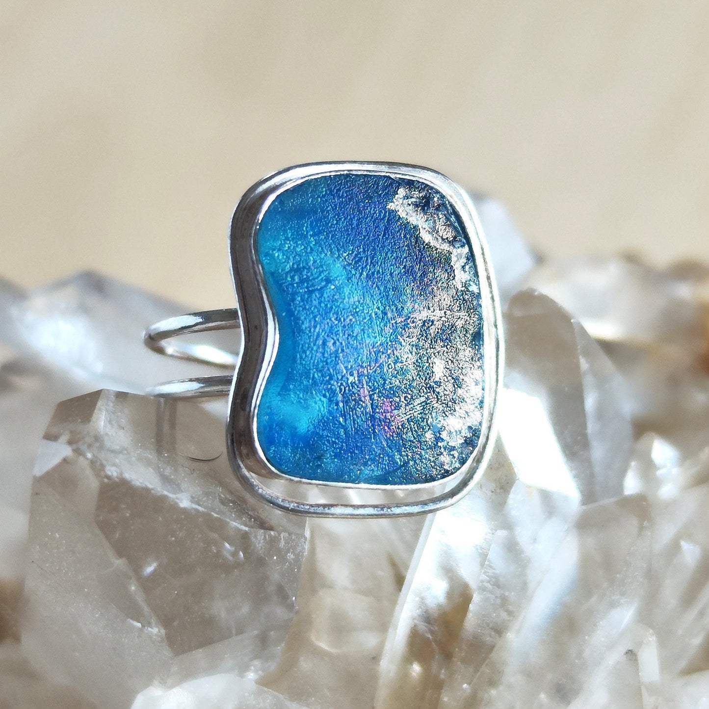 Ancient Roman Glass Silver Adjustable Ring, Iridescent Roman Glass Ring, Blue Pink Glass ring, Israel holy land jewelry