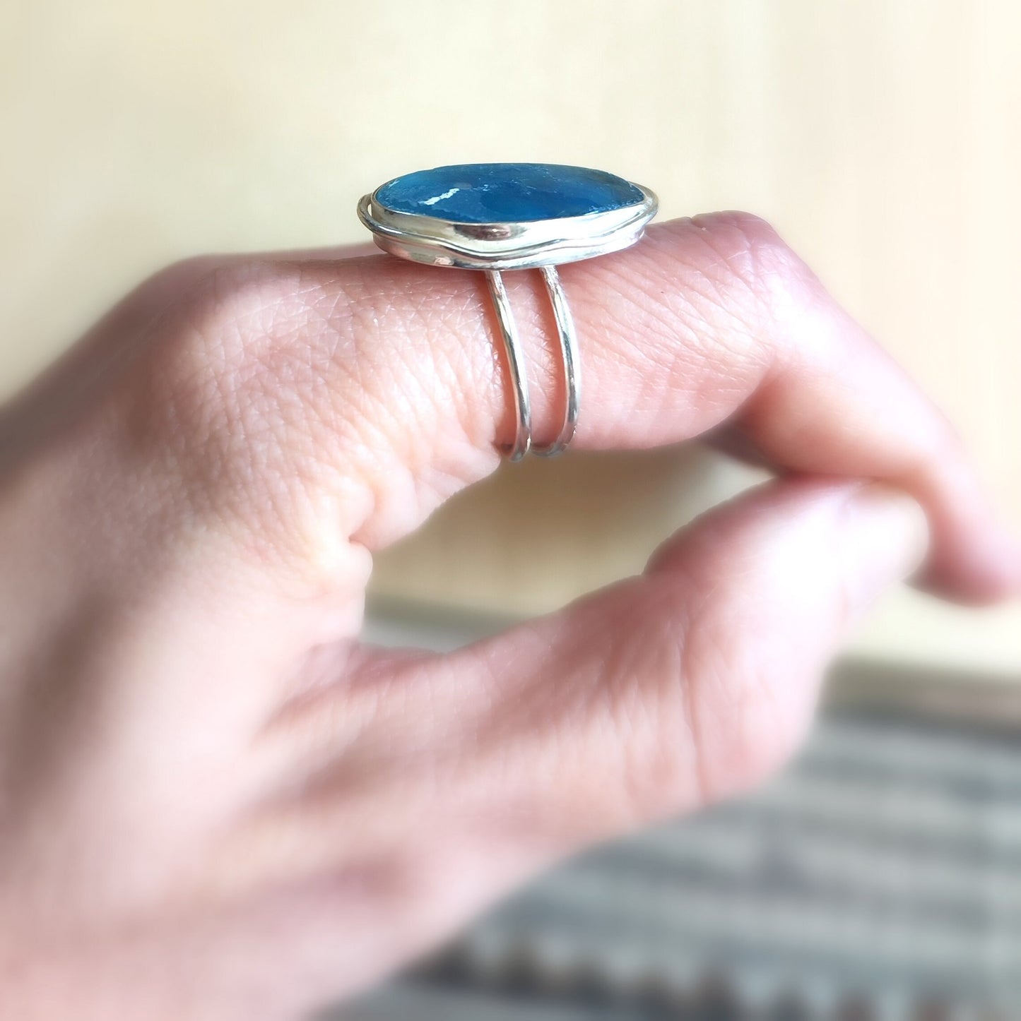 Ancient Glass Solitaire Ring, Natural Antique Roman Glass Adjustable Silver Ring, Blue Purple Patina Glass ring, Statement Solitaire Ring