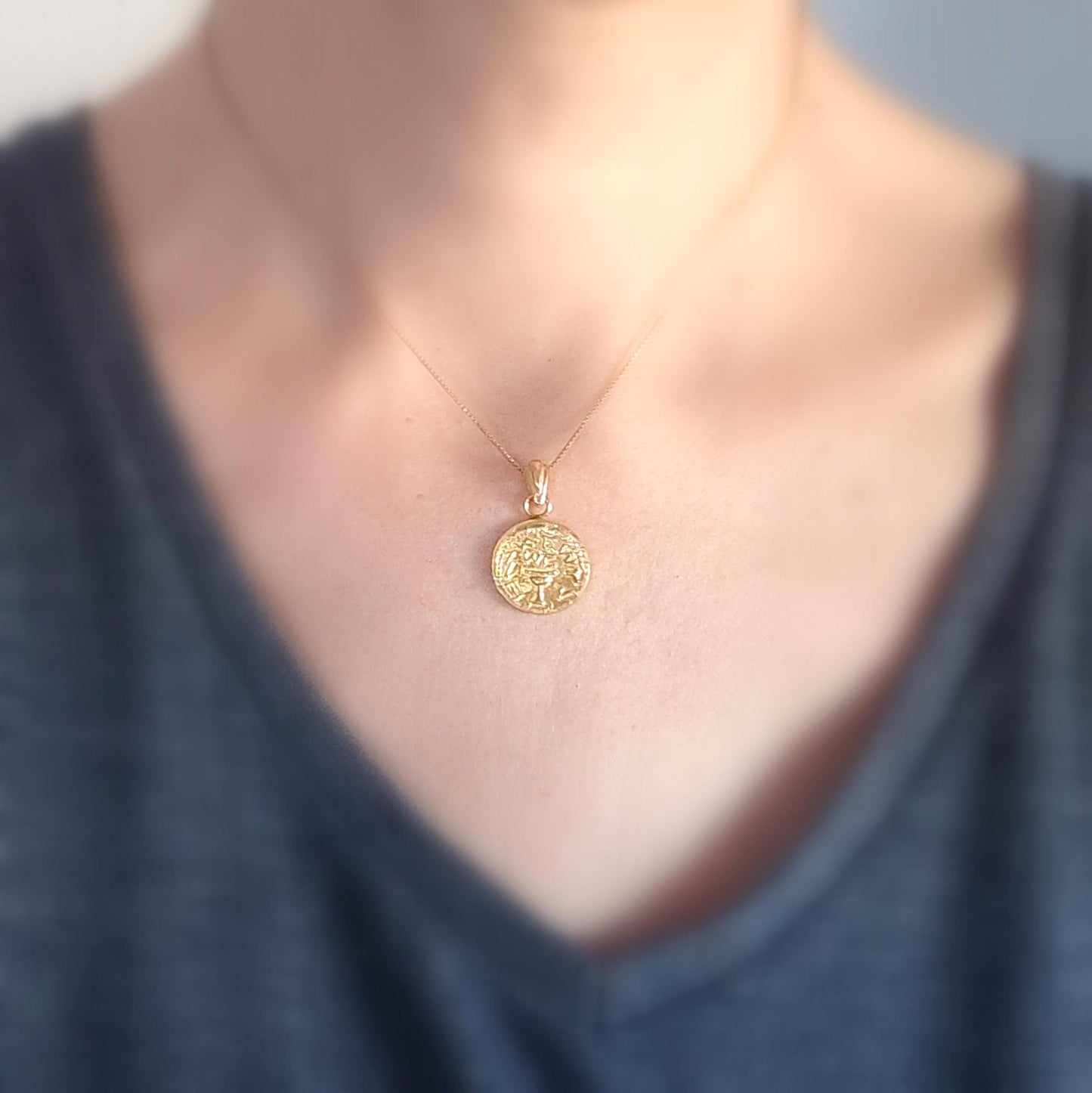 Jewish Half shekel Coin Replica Necklace, Antique Jewish Revolt Temple Tax Coin Pendant