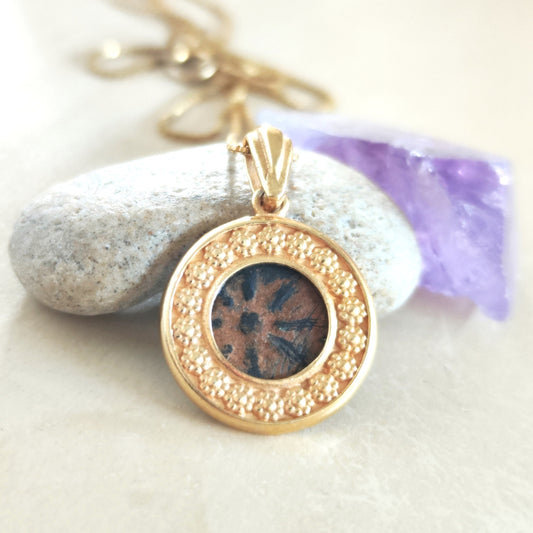 Widow's Mite Coin Gold Plated Pendant, Ancient Biblical Coin Necklace, Flower Nature Jewelry, Christian Gift Idea, Antique Vintage Style