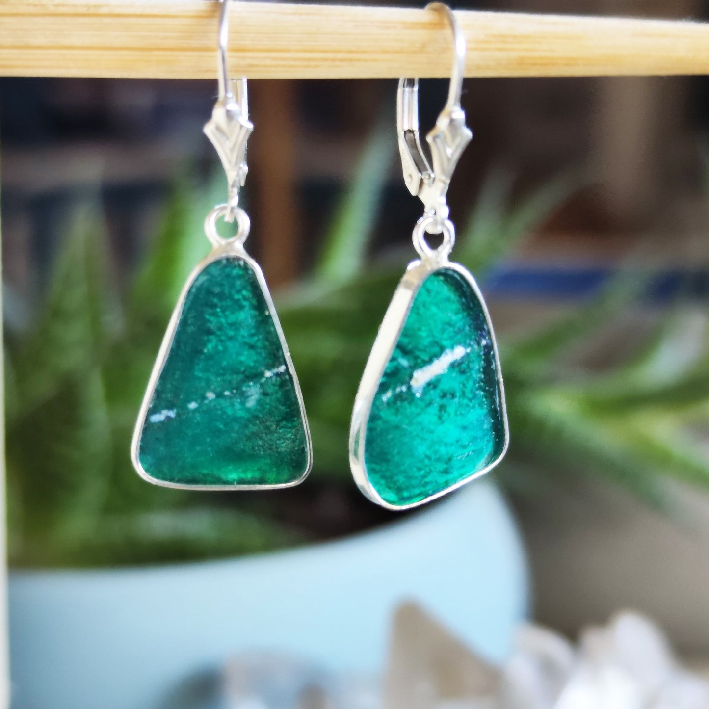 Ancient Roman Glass Earrings, Green Purple peacock Triangle Drop Earrings, Israeli jewelry, Silver Glass Dangle Earrings, Statement Earrings