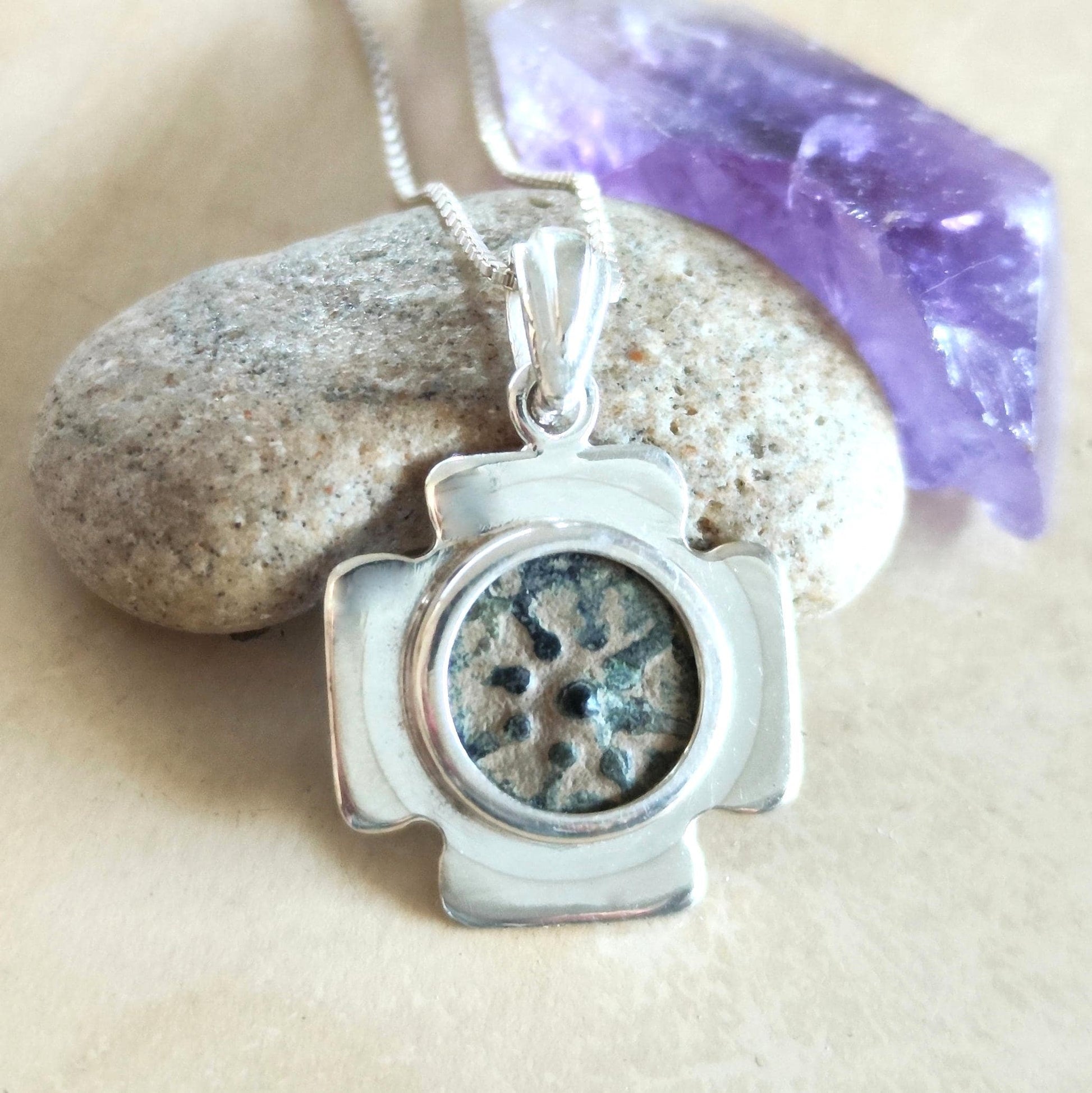 Jerusalem Cross Pendant set with antique Widow's Mite Coin, Sterling Silver Barr Designs
