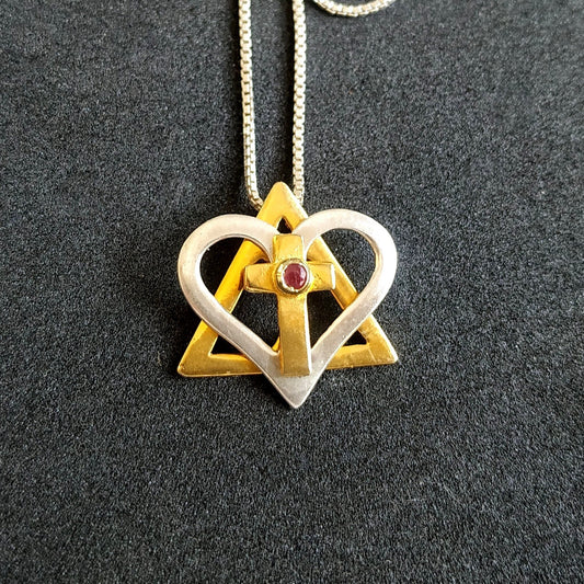 Silver and Gold Star of David cross necklace, interfaith Messianic Jewish Christian pendant, Red Ruby heart necklace, born again jewelry