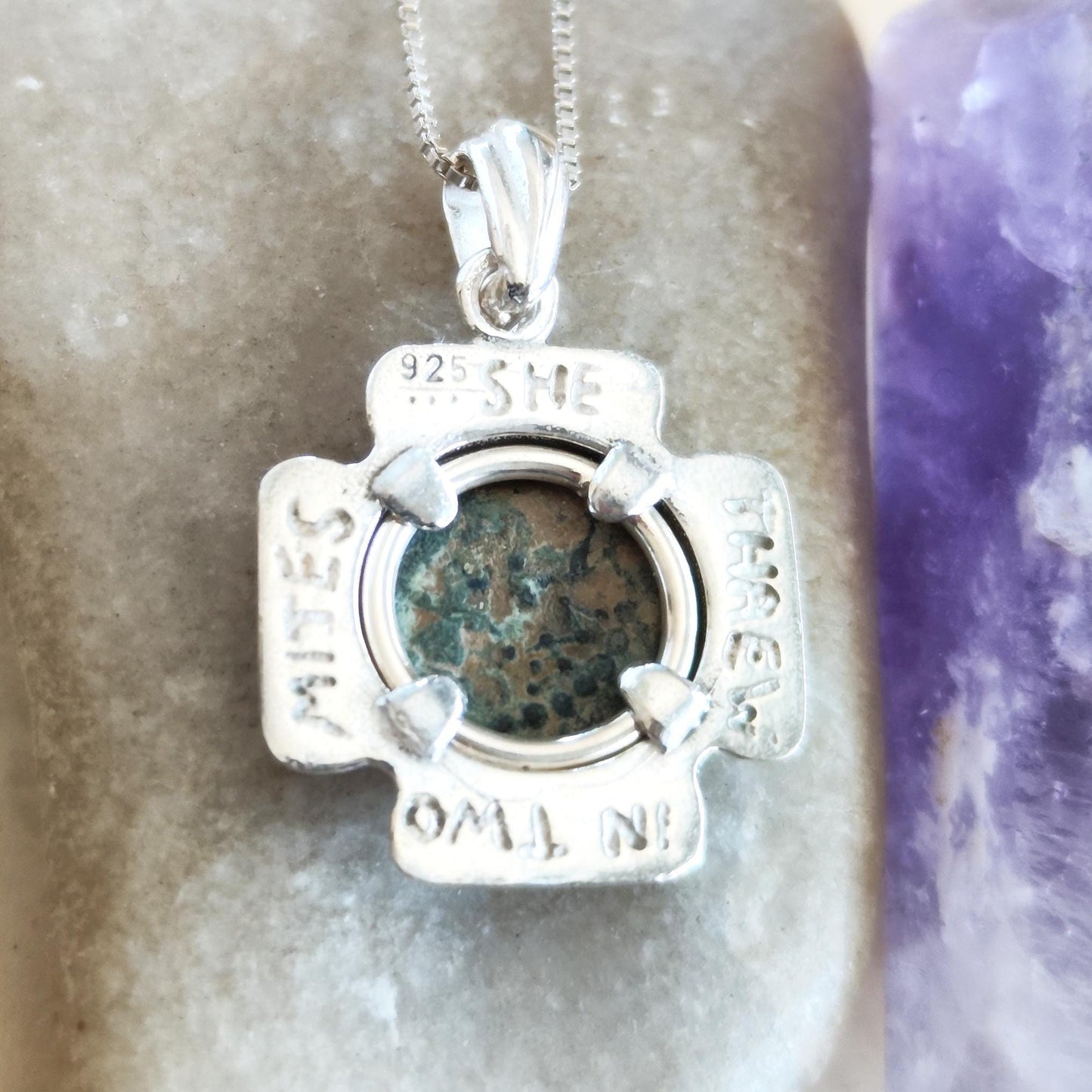 Jerusalem Cross Pendant set with antique Widow's Mite Coin, Sterling Silver Barr Designs