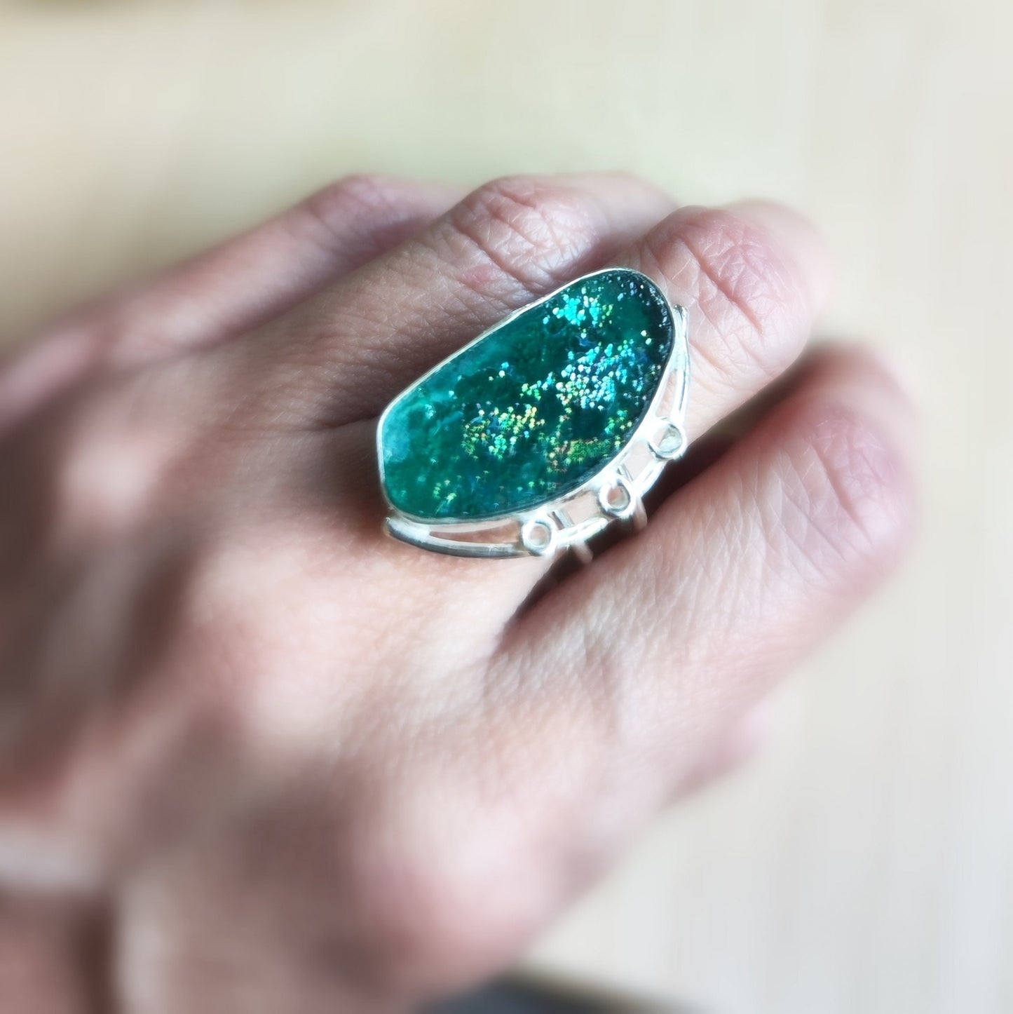 Antique Roman Glass Solitaire Ring, Natural Roman Glass adjustable silver ring, Aqua Green Blue patina Glass ring,  Large Statement ring