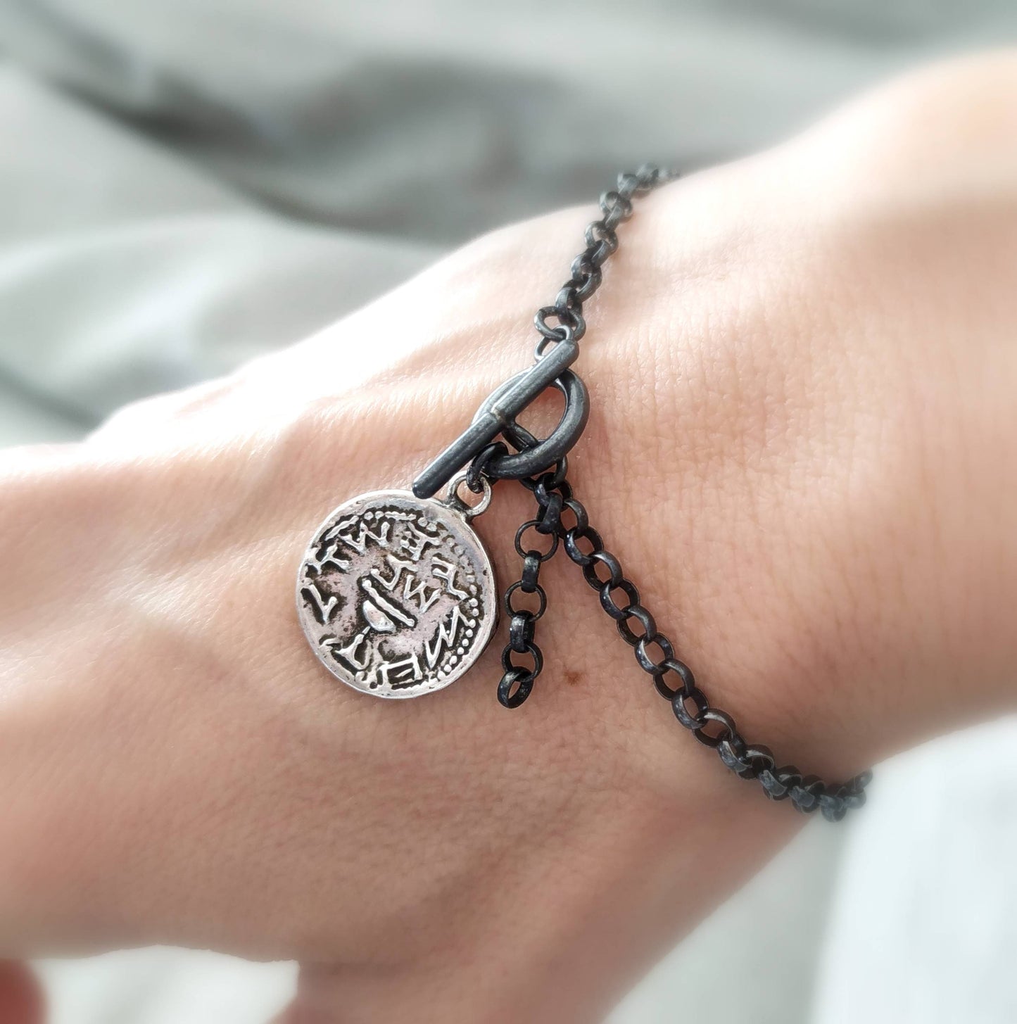 Jewish Revolt Half Shekel Coin Bracelet, Silver Replica Tyrian Shekel Coin Charm Bracelet, Link Chain Unisex Men Jewelry