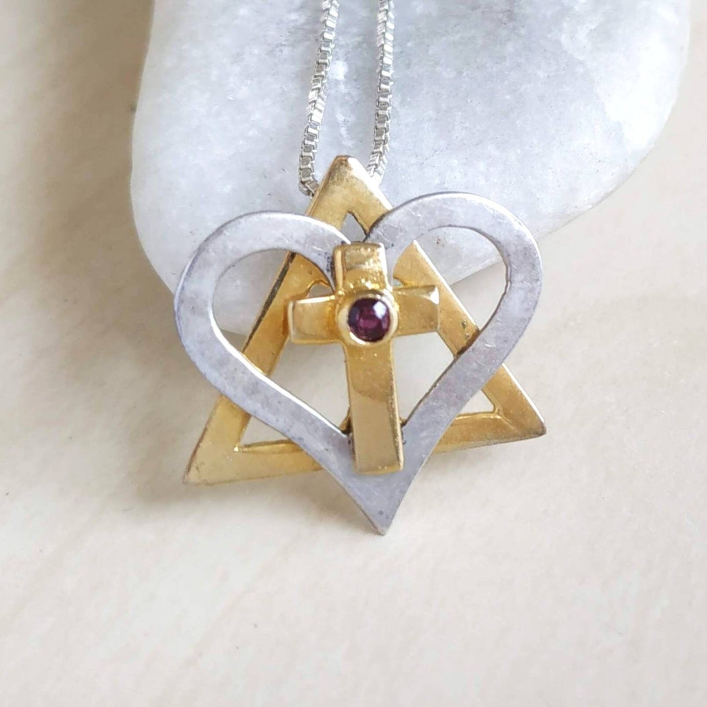 Silver and Gold Star of David cross necklace, interfaith Messianic Jewish Christian pendant, Red Ruby heart necklace, born again jewelry