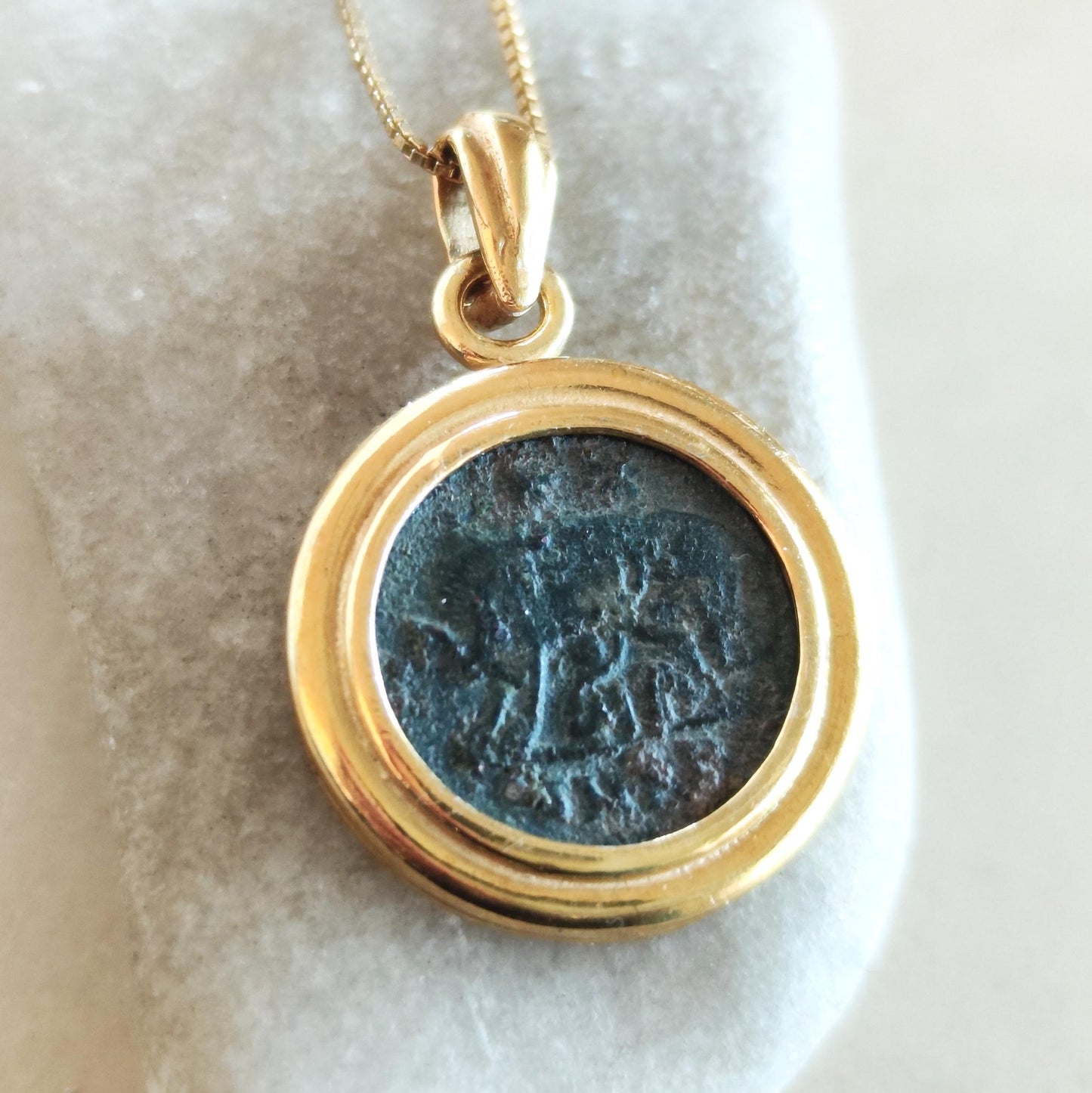 Antique Roman Coin Medallion Necklace: Romulus & Remus with She Wolf, Gold Plated Bezel Barr Designs