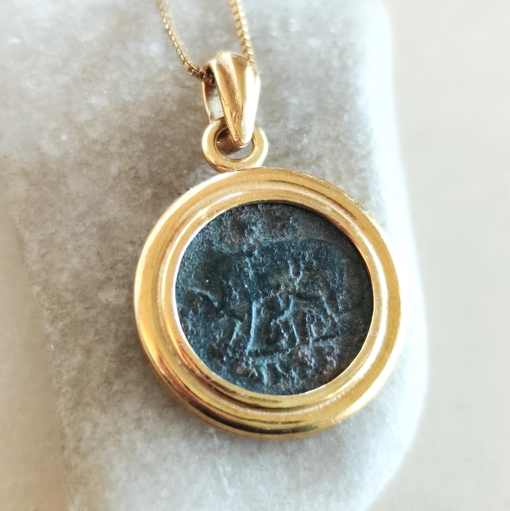 Antique Roman Coin Medallion Necklace: Romulus & Remus with She Wolf, Gold Plated Bezel Barr Designs