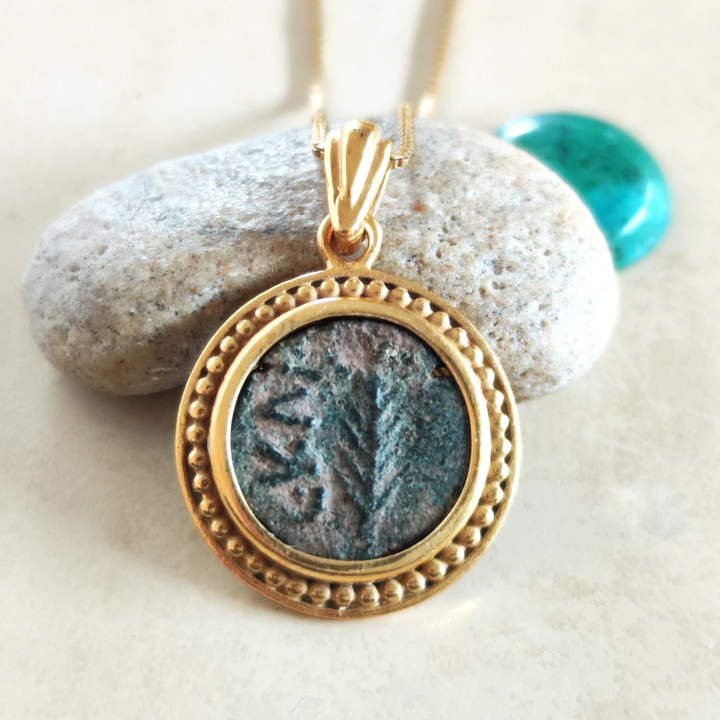 Ancient Roman Nero Coin Necklace: 18K Gold Plated Sterling Silver, Palm Branch Prutah Barr Designs