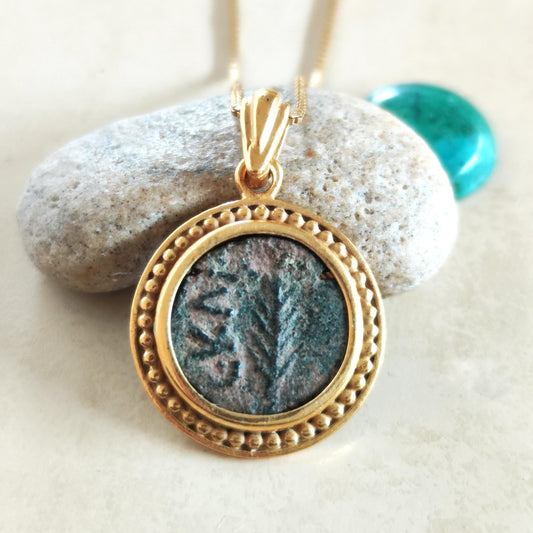 Ancient Roman Nero Coin Necklace: 18K Gold Plated Sterling Silver, Palm Branch Prutah Barr Designs
