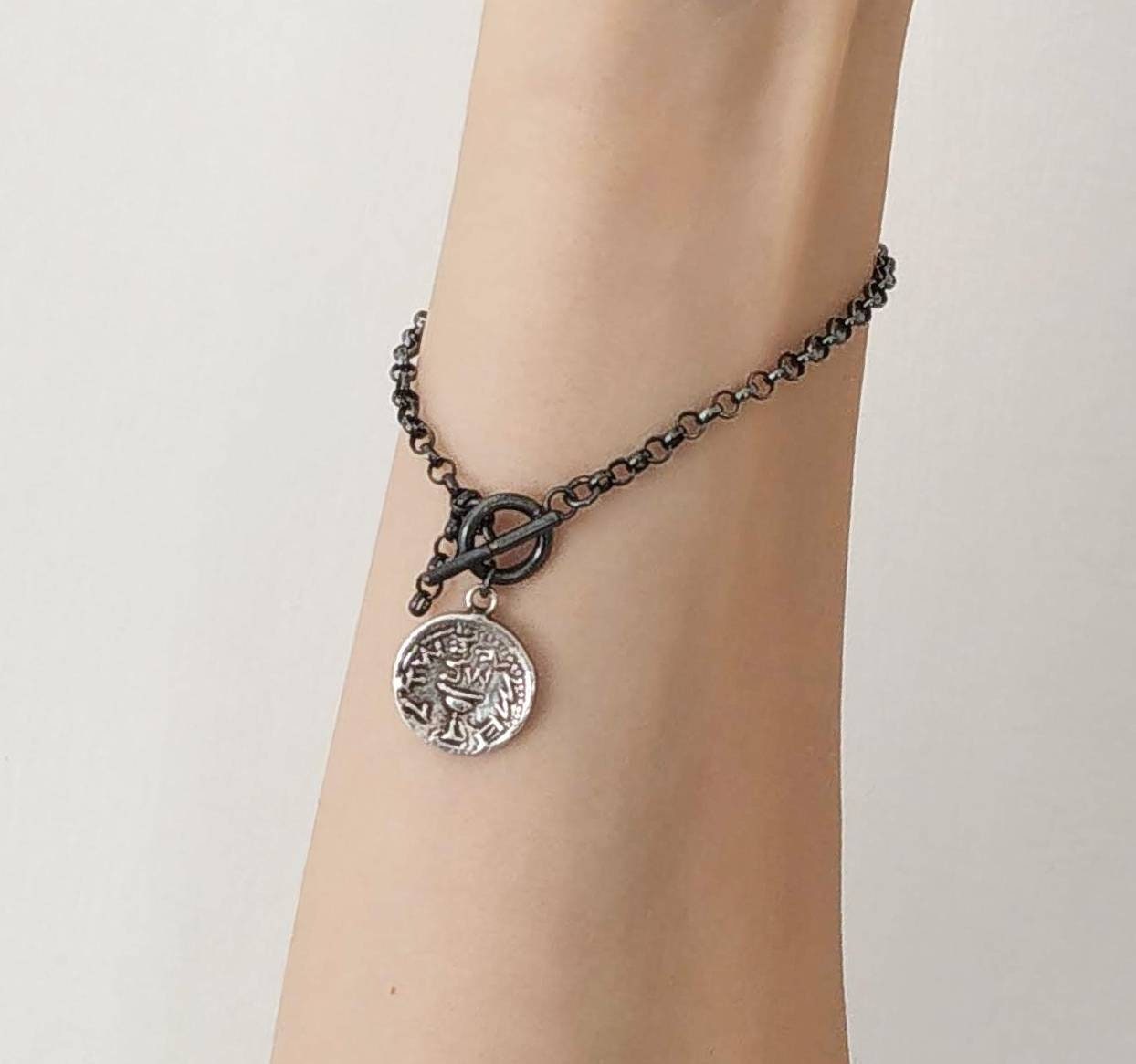 Jewish Revolt Half Shekel Coin Bracelet, Silver Replica Tyrian Shekel Coin Charm Bracelet, Link Chain Unisex Men Jewelry