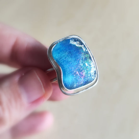 Ancient Roman Glass Silver Adjustable Ring, Iridescent Roman Glass Ring, Blue Pink Glass ring, Israel holy land jewelry
