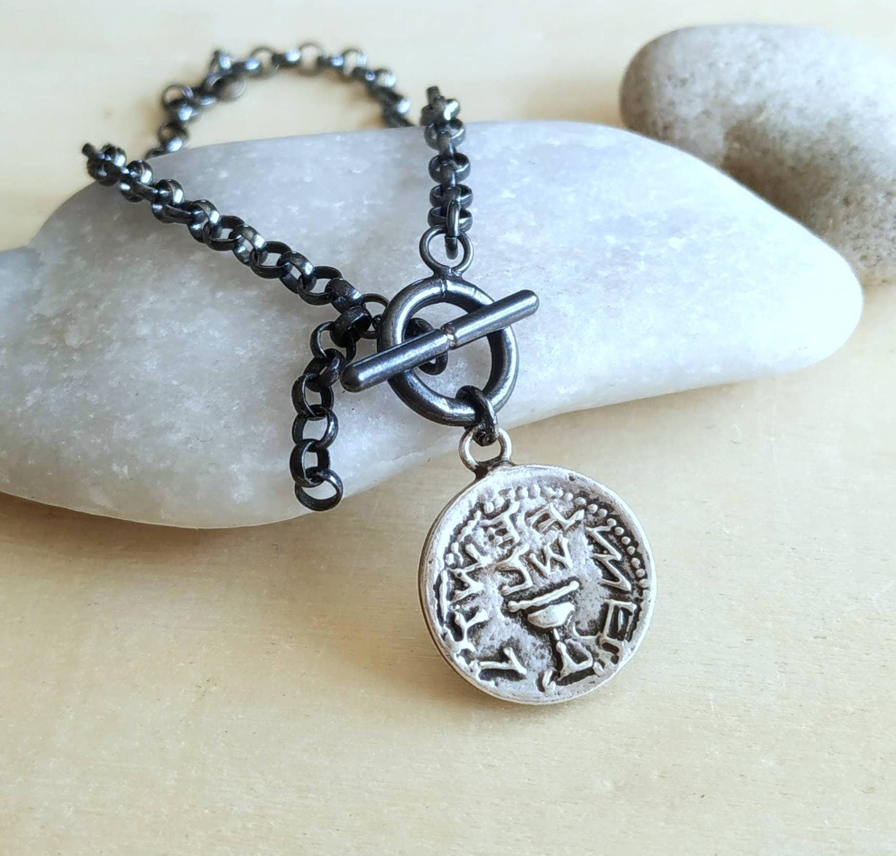 Sterling Silver Jewish Revolt Coin Replica Bracelet: Unisex Link Chain Jewelry, Half Shekel Barr Designs