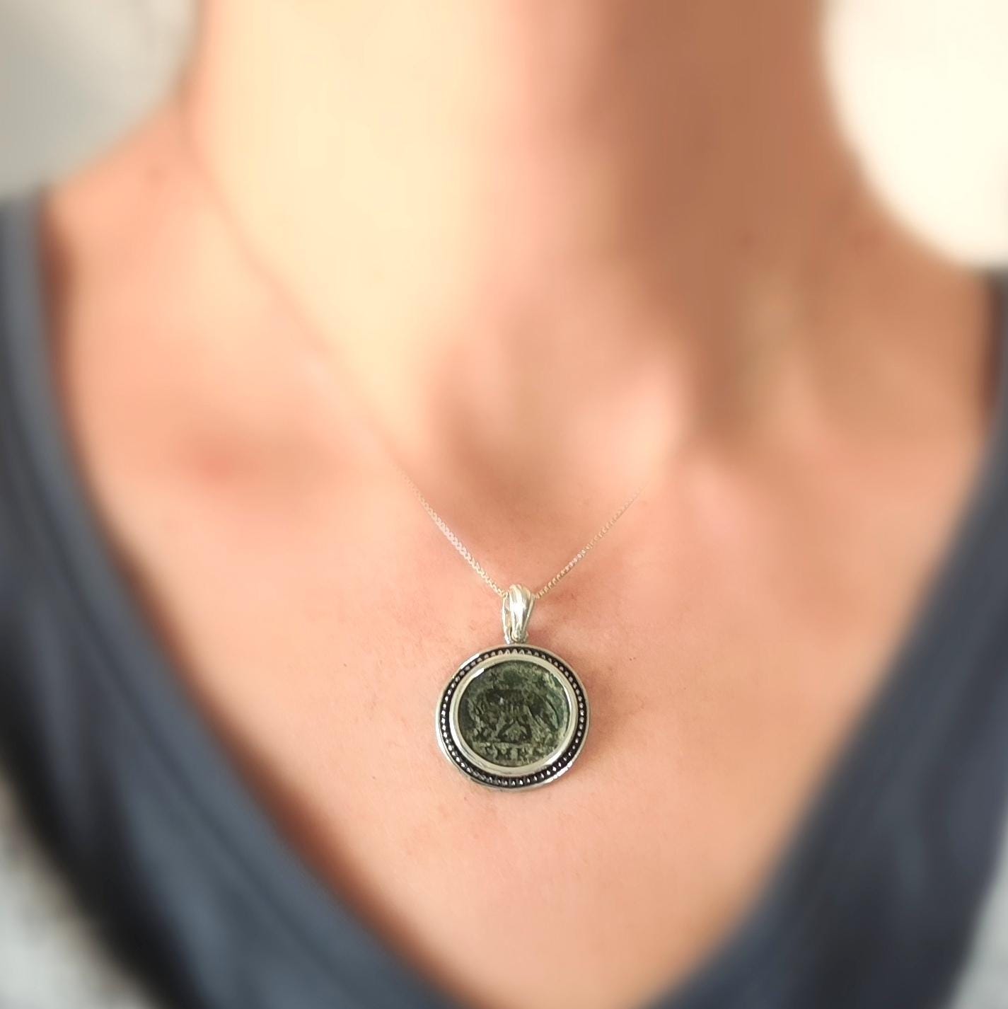 Authentic Roman Romulus & Remus coin necklace, Ancient history Silver medallion, unisex jewelry, antique Constantine She wolf bronze coin