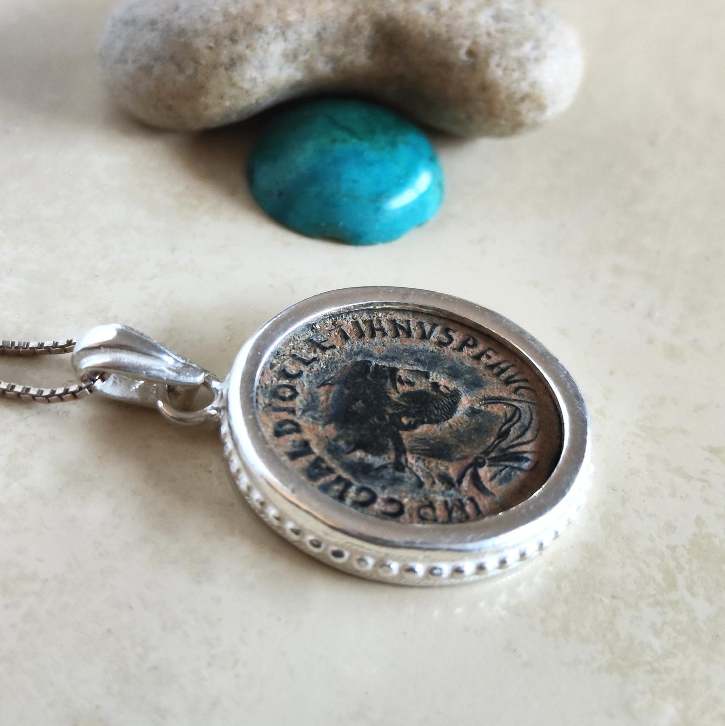 Authentic Certified Roman Emperor Diocletian Coin Necklace, Antique Silver Unisex Medallion Barr Designs